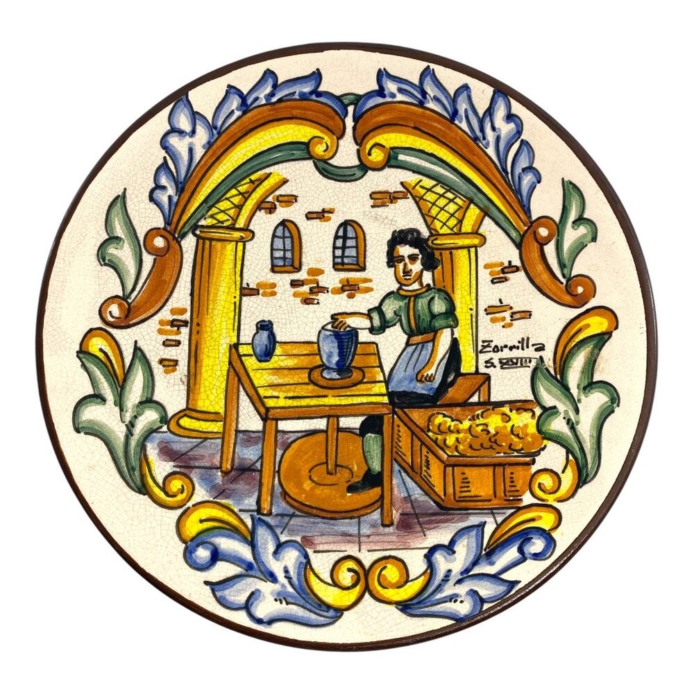 Pascual Zorrilla Vtg 60 Majolica Pottery Espana No 7 Potter Wheel 10” Wall Plate